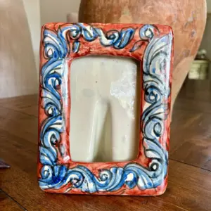 Hand-Painted Ceramic Picture Frame – Red, Blue & White Flourish Design